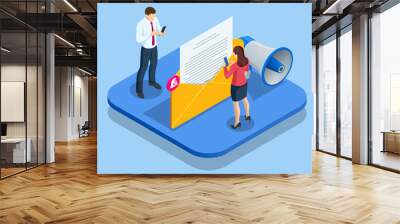 Isometric Email Notification Concept. Message Online Chat Social Text Concept. Spam. New Email, Messaging, Email marketingm Working process, New email message Wall mural