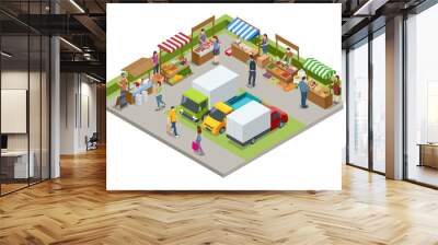 Isometric Farmers selling a Selection of Ecological Fruits and Vegetables at a Farmers Market. Vegetables fair food. Sellers and marketing Wall mural