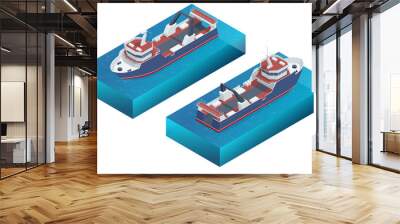 Isometric Fishing Trawler. Sea or ocean transportation, marine ship for industrial seafood production. Sea trawler vessel. Fishing boat Wall mural