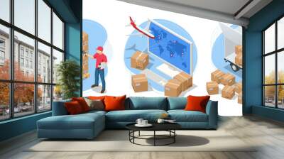 Isometric global logistics network. Air cargo, rail transportation, maritime shipping, warehouse, container ship, city skyline on the world map. Wall mural