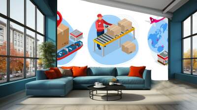 Isometric global logistics network. Air cargo, rail transportation, maritime shipping, warehouse, container ship, city skyline on the world map. Wall mural