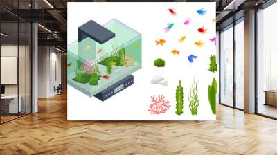 Isometric Goldfish in the Freshwater Aquarium and Set of Aquarium Underwater Elements, Fish, Corals, Green Planted Tropical, Stones Isolated on White Background. Wall mural