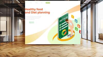 Isometric Healthy food and Diet planning concept. Healthy eating, personal diet or nutrition plan from dieting expert. Nutrition consulting, diet plan Wall mural