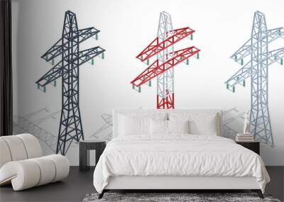 Isometric high voltage transmission lines and power pylons. Electricity pylons. Electric Energy Factory Distribution Chain. High voltage pylon Wall mural