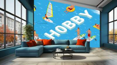 Isometric Hobby concept. Sports. Surfer on Blue Ocean Wave. Fun in the ocean, Extreme Sport, water skiing. Active summer vacations with paddle board. Hobby Young People. Wall mural