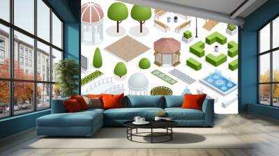 Isometric icon set for construction beautiful city parks. Buildings city garden park furniture. City park set with isolated elements Wall mural