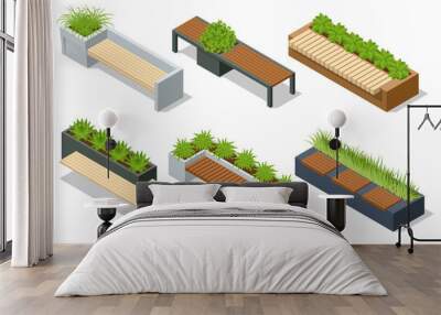 Isometric icons set of eco modern street bench vector for web design isolated on white. A modern bench with a flower bed in a city park. City improvement, urban planning, public spaces. Wall mural