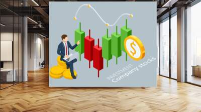 Isometric Investment Company stocks. Graphs and charts. Investments in company shares. Monetary investment and profit. Success in business and investments. Financial and stock trading. Wall mural