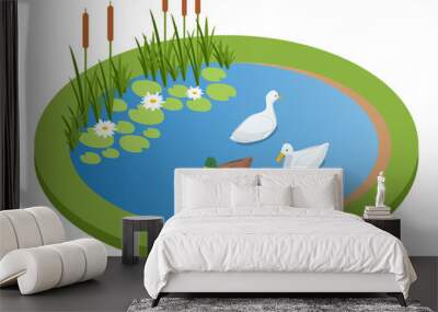 Isometric lake with ducks isolated on wrhite. City park recreational area. Ducks swimming on the lake Wall mural