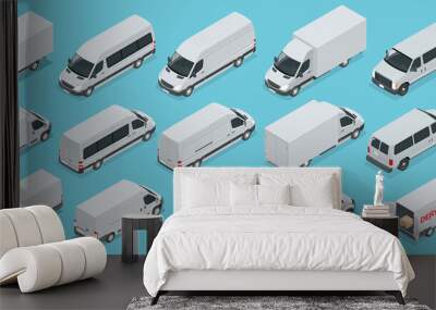 Isometric Logistics icons set of different transportation distribution vehicles, delivery elements. Cargo transport isolated on white background. Cargo Truck and Van Wall mural