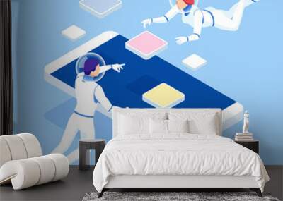 Isometric male and female astronauts fly around a smartphone. Phone promotions, messages, and spatial calls Wall mural