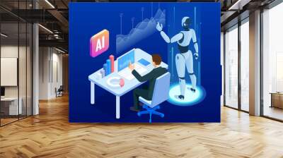 Isometric man and woman with robot artificial intelligence working , robot working with virtual display. RPA, artificial intelligence, robotics process automation Wall mural