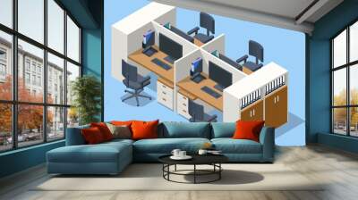 Isometric massive computer table with four desktops and chairs, office interior. Modern cozy loft office interior. Wall mural