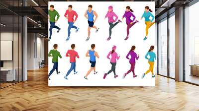 Isometric running people. Front and rear view. People are dressed in summer, winter, autumn, spring sports uniform Wall mural