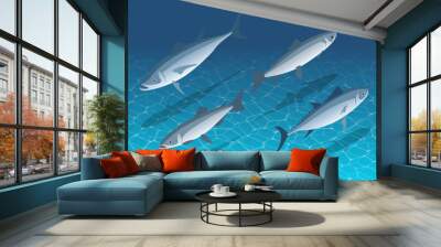 Isometric sea fish in water front and back view. Underwater schooling fish swimming in blue water Wall mural