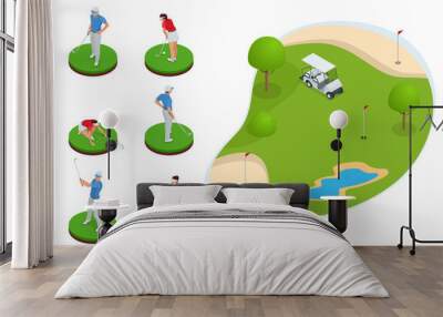 Isometric set of golf elements. Equipment for playing golf isolated vector illustration Wall mural