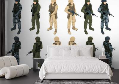 Isometric soldier in camouflage. Soldiers with assault rifles isolated on white background Wall mural