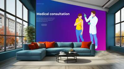 Isometric Time to vaccinate concept. Doctor or nurse, scientist giving patient vaccine, COVID-19, flu or influenza shot or taking blood test with a needle. Medicine, vaccination. Wall mural