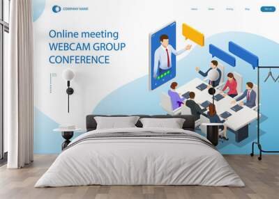 Isometric video conference. Online meeting work form home. Home office. Multiethnic business team. Wall mural