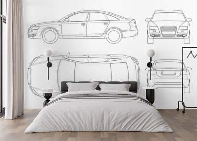 Sedan car in outline. Business sedan vehicle template vector isolated on white. View front, rear, side, top. All elements in groups Wall mural