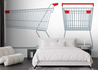 Shopping cart isolated on white background. Shopping trolley side and front view. Wall mural