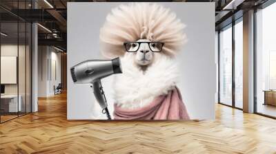 Blonde hair lady lama with hairdryer styling their gorgeous hair. Hair style beauty concept. Generative AI Wall mural