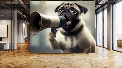 Pug speaking loudly in the megaphone. Generative AI Wall mural