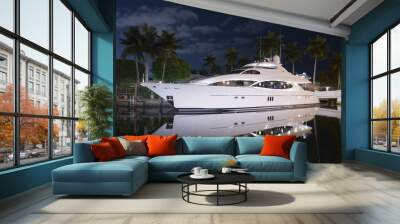 night shot of luxury yacht docked by the house in canal palm trees and moon light Wall mural