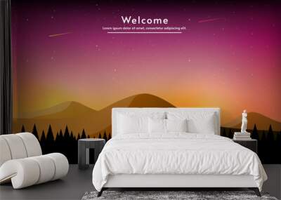 Gold view from forest to mountain.  Bright lights, comets and stars in the sky. Vector illustration.  Vector silhouette valley and forest. Color lights at night landscape.  Wall mural