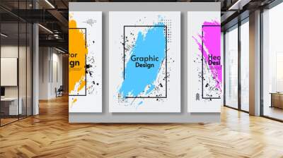 Set of art paint posters with white backdrop. Design for poster, cover, banner, brochure, greeting card, business card. Splash paint with frame and shape. Abstract posters.  Wall mural