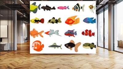 Aquarium tropical fish and cartoon ocean cute collection. Sea coral reef animals and underwater vector illustration. Water colorful marine set fish and decorative exotic pet icon. Undersea  seafood Wall mural