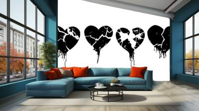 Broken heart gothic set vector illustration. Love symbol romance emo and sticker icon isolated white. Fashion shape silhouette abstract art and grunge decoration cartoon Wall mural