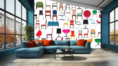 Chair furniture design and armchair seat office interior icon. Home object isolated vector illustration and room symbol style decoration set. Indoor equipment stool and cartoon sitting for apartment Wall mural