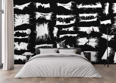 Frayed cloth torn and ripped black and white vector illustration set. Grunge textured design and cut out damaged template. Messy plaster and uneven ornate Wall mural