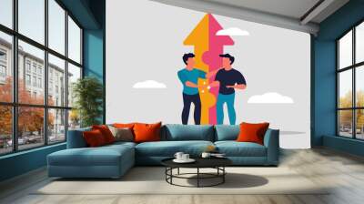 Joint business partnership of two colleagues. The men shake hands and put the arrow together like a puzzle. Teamwork of people. Merger or acquisition of a business. Vector illustration concept Wall mural