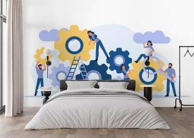 Man and woman business organization with circle gear vector concept illustration mechanism teamwork. Skill job cooperation coworker person. Group company process development structure workforce banner Wall mural