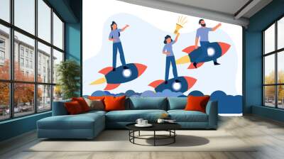 Man and woman target motivation action air rocket plane vector. Change way career journey design purpose. Business goal concept illustration achievement ambition. Progress growth job forward banner Wall mural