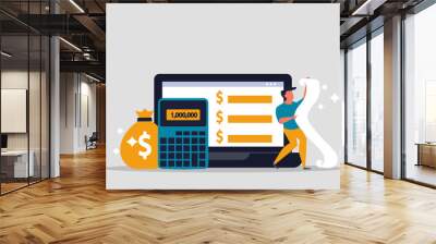 Money management systems and payroll to account. Online income and payment on Internet. Date of payment of salaries to employees and business stands near computer and counts money. Vector illustration Wall mural