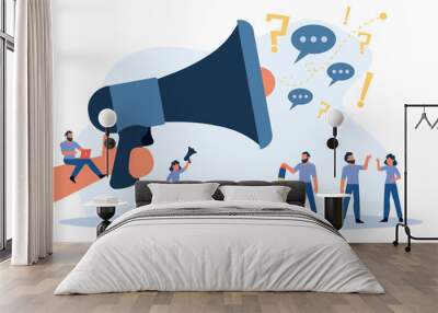 People announce advertising with megaphone vector illustration. Awareness focus loud speaker man and woman. Business banner marketing group media. Speech news promotion network leadership poster Wall mural