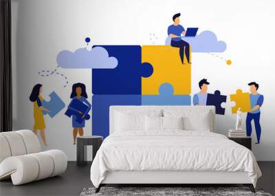 Puzzle team work vector illustration concept partner. Partnership teamwork business people collaboration together vector design. Concept jigsaw part solution group connect. Cooperation strategy idea Wall mural