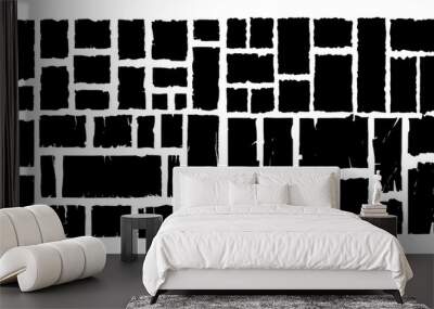 Set of grunge jagged rectangle shape black and white. Rough vector illustration edge template. Cardboard scrap collage frame and old page scratch sheet. Torn banner tag empty Wall mural