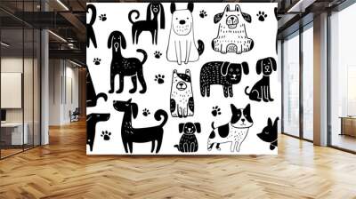 Vector black and white hand drawn childish set dogs illustration. Animal cartoon cute doodle pet art and funny drawing collection. Adorable mammal vet outline Wall mural