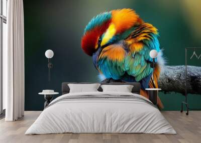 A colorful bird preening its feathers on a perch. Wall mural