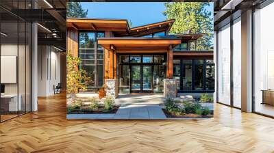 A facade featuring natural wood elements and large windows Wall mural