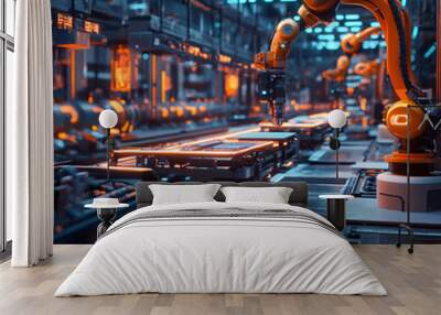 A futuristic factory with automated robotic assembly lines. Wall mural