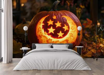 A glowing pumpkin with a carved moon and stars, creating a magical nighttime scene. Wall mural