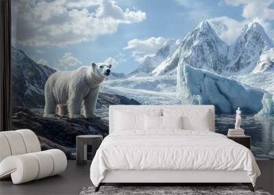 A graphic representation of the effects of climate change on polar habitats with shrinking ice and wildlife impact. Wall mural