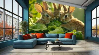 A group of rabbits nibbling on fresh lettuce. Wall mural