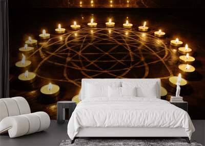 A mystical circle of candles arranged in a sacred geometric pattern, used for summoning energy. Wall mural