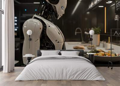 A robotic chef preparing a meal in a high-tech kitchen. Wall mural